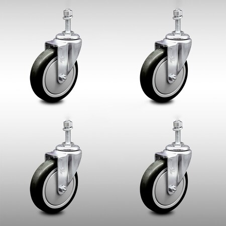 Service Caster 5 Inch SS Black Polyurethane Wheel Swivel 3/8 Inch Threaded Stem Caster Set SCC SCC-SSTS20S514-PPUB-BLK-381615-4